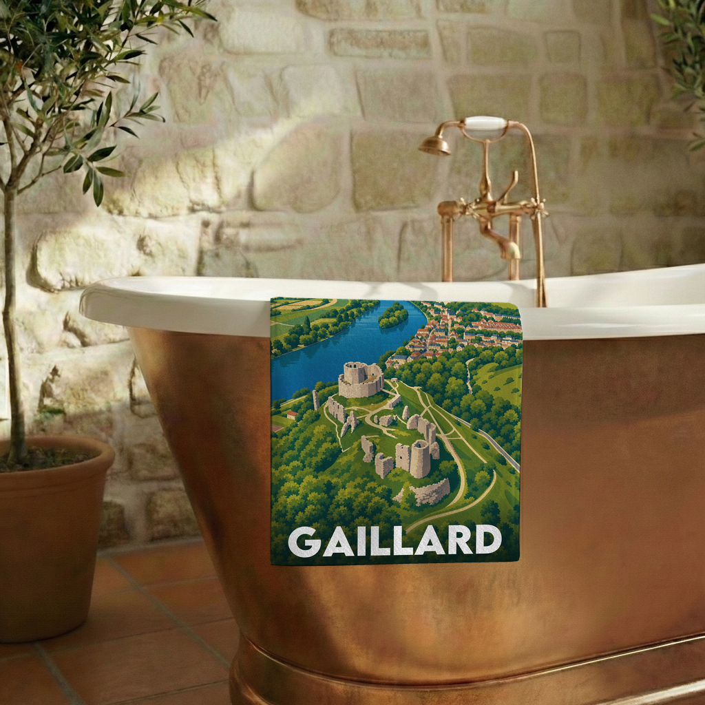 Serviette de bain souvenir de la ville de Gaillard avec une illustration stylisée de son paysage et de son château.