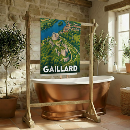Serviette de bain souvenir de la ville de Gaillard avec une illustration stylisée.