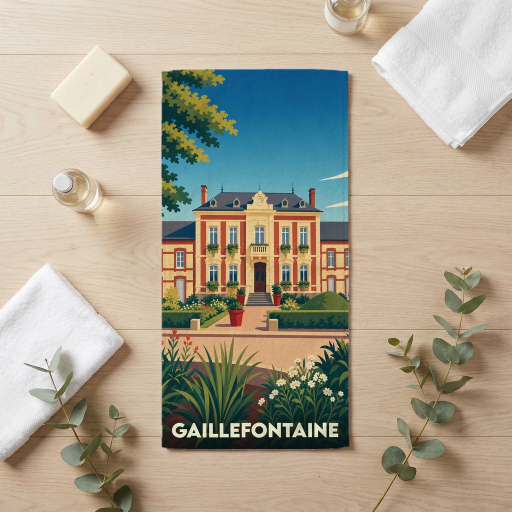 Serviette de bain souvenir de la ville de Gaillefontaine avec une illustration stylisée d'un château et de ses jardins.