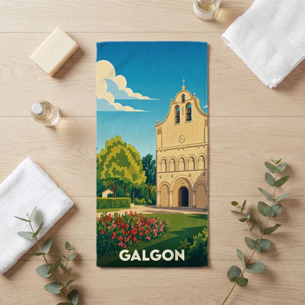 Serviette de bain souvenir de la ville de Galgon avec une illustration stylisée de son église et de son paysage.