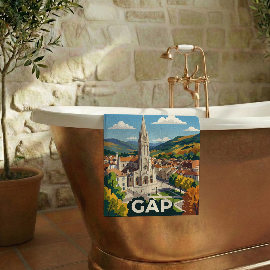 Serviette de bain souvenir de la ville de Gap avec une illustration stylisée.