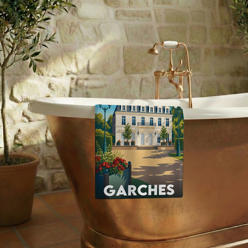 Serviette de bain souvenir de la ville de Garches avec une illustration stylisée.