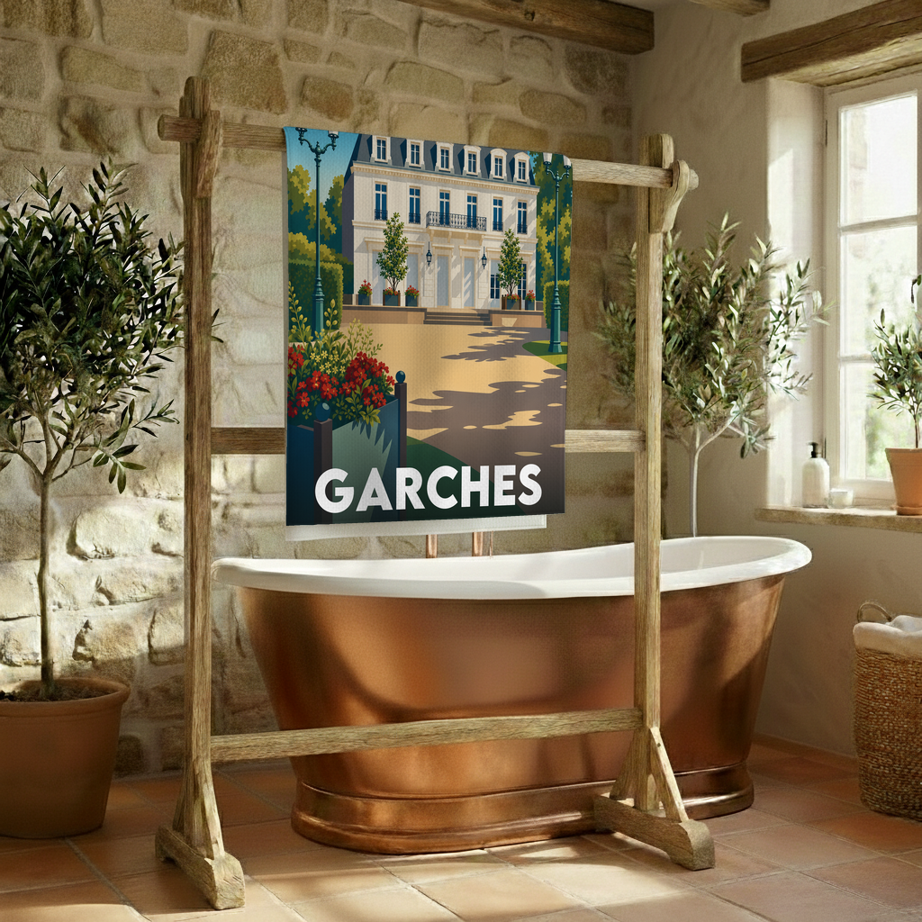 Serviette de bain souvenir de la ville de Garches avec une illustration stylisée.