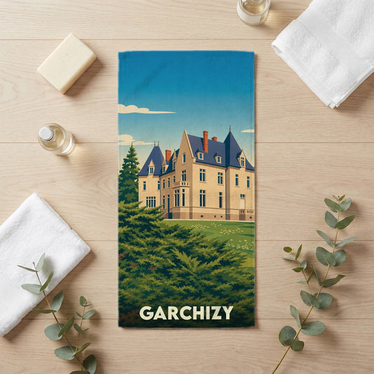 Serviette de bain souvenir de la ville de Garchizy avec une illustration stylisée d'un château.