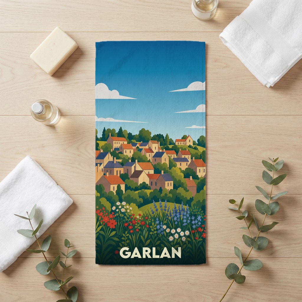 Serviette de bain souvenir de la ville de Garlan ornée d'une illustration stylisée de maisons et de fleurs.