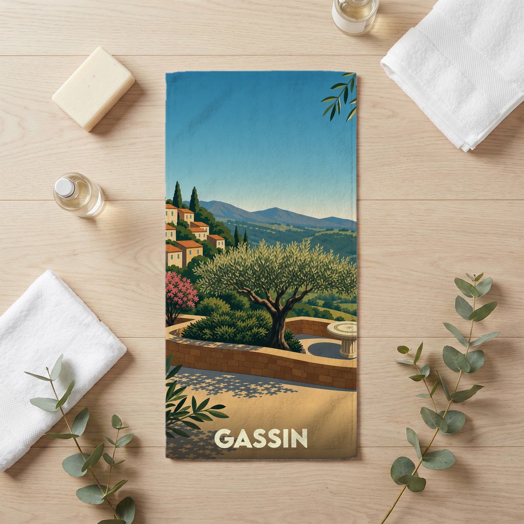 Serviette de bain souvenir de la ville de Gassin avec une illustration stylisée de paysage provençal.
