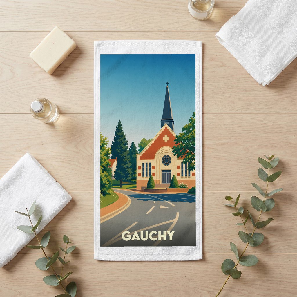 Serviette de bain souvenir de la ville de Gauchy avec une illustration stylisée de son église.