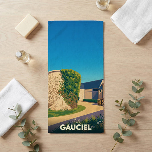 Serviette de bain souvenir de la ville de Gauciel avec une illustration stylisée.