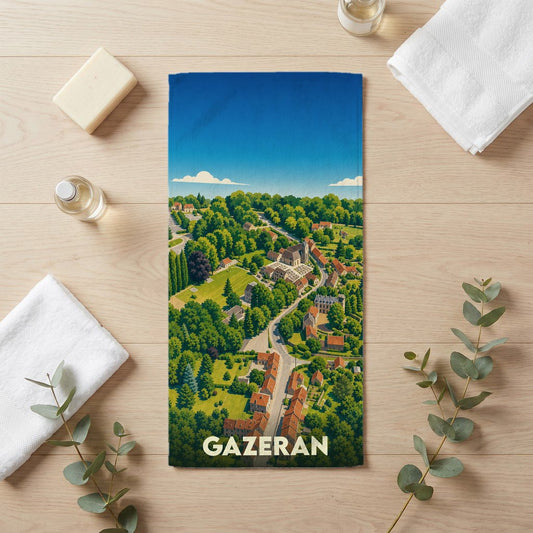 Serviette de bain souvenir de la ville de Gazeran avec une illustration aérienne colorée.