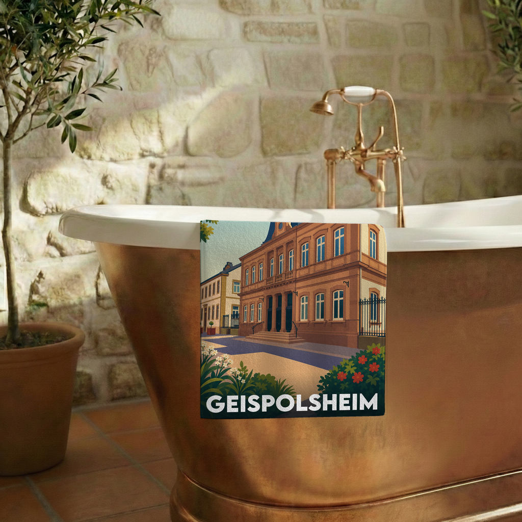 Serviette de bain souvenir de la ville de Geispolsheim avec une illustration stylisée.