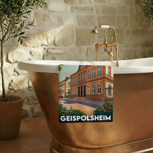 Serviette de bain souvenir de la ville de Geispolsheim avec une illustration stylisée.