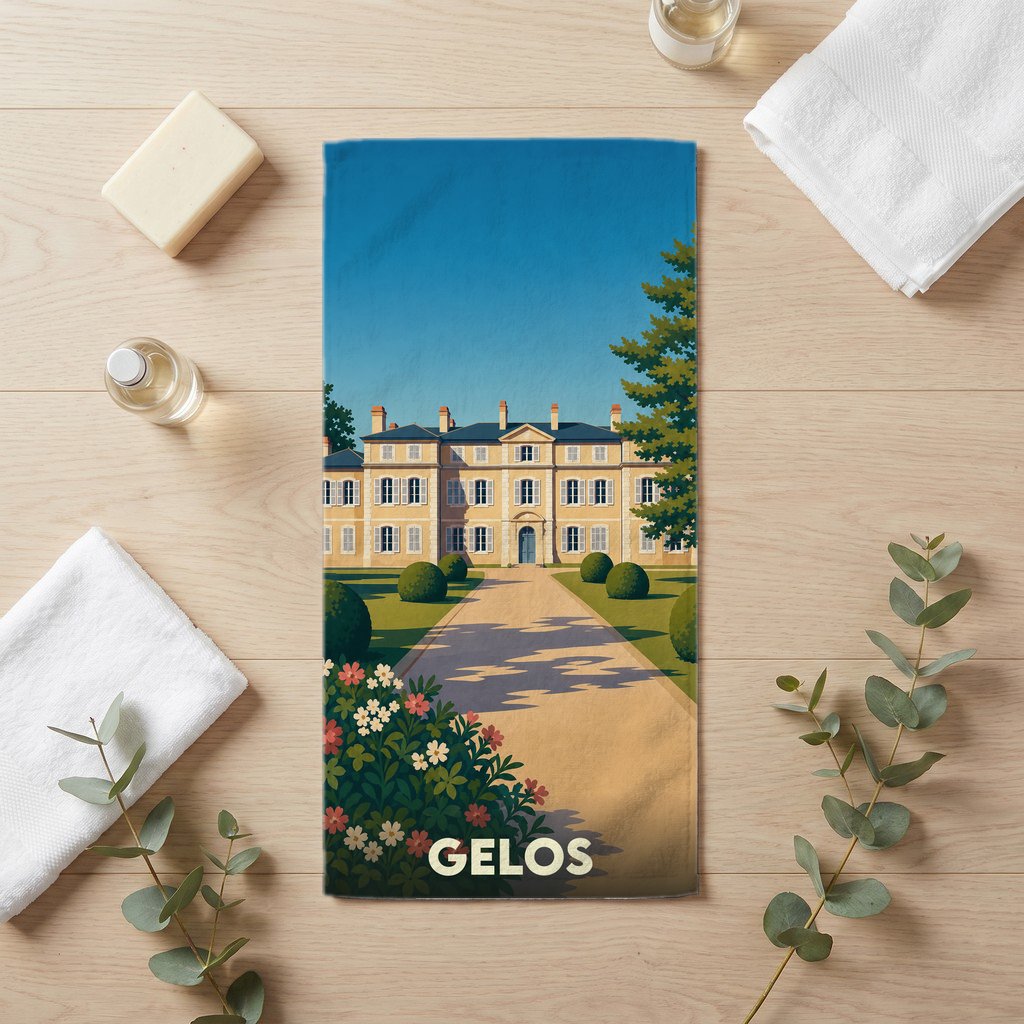 Serviette de bain souvenir de la ville de Gelos avec une illustration stylisée d'un château.
