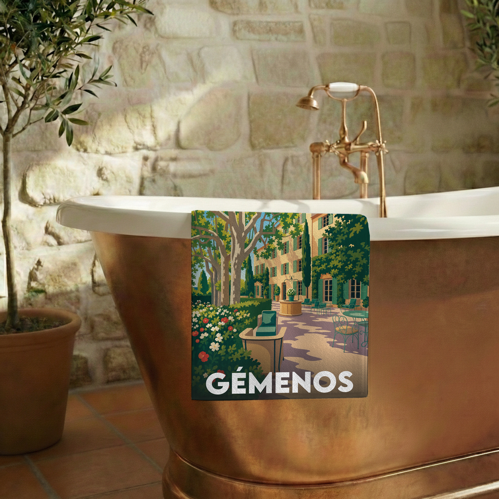 Serviette de bain souvenir de la ville de Gémenos avec une illustration stylisée.