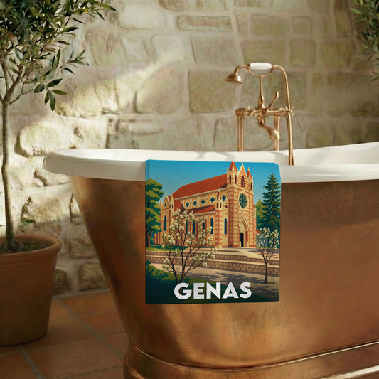 Serviette de bain souvenir de la ville de Genas avec une illustration stylisée.