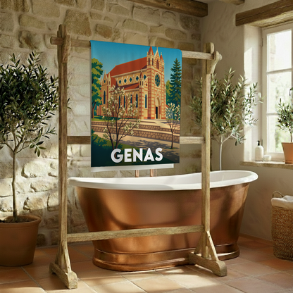 Serviette de bain souvenir de la ville de Genas avec une illustration stylisée.