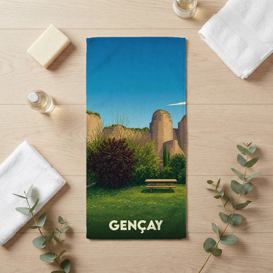Serviette de bain souvenir de la ville de Gençay avec une illustration stylisée d'un paysage naturel.