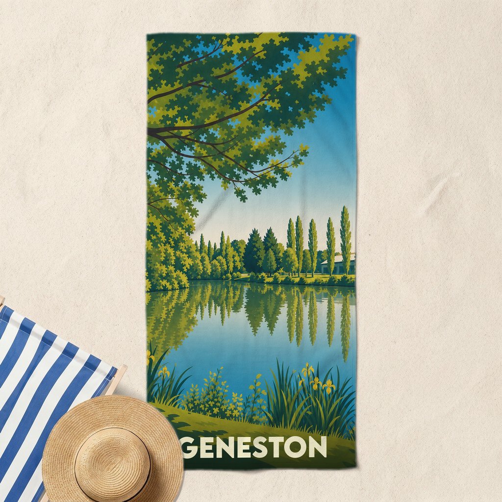 Serviette de plage souvenir de la ville de Geneston illustrée d'un paysage lacustre paisible.