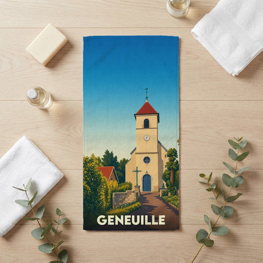 Serviette de bain souvenir de la ville de Geneuille ornée d'une illustration stylisée de son église.