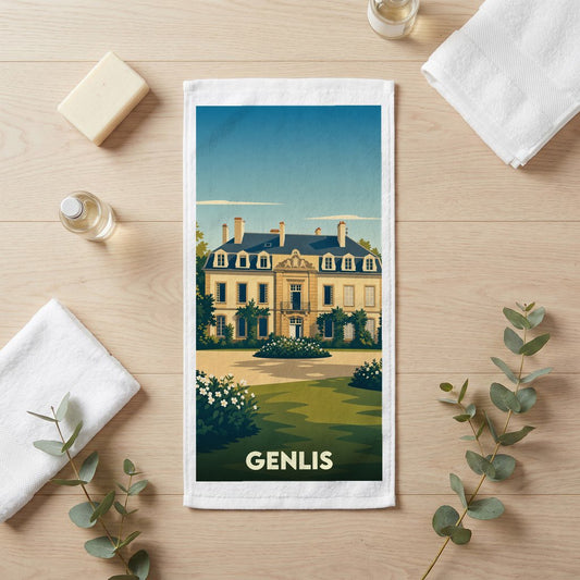 Serviette de bain souvenir de la ville de Genlis avec une illustration stylisée de son château.