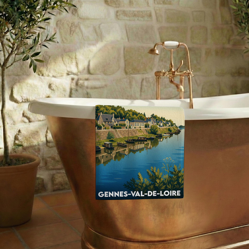 Serviette de bain souvenir de Gennes-Val-de-Loire avec une illustration stylisée des bords de Loire.