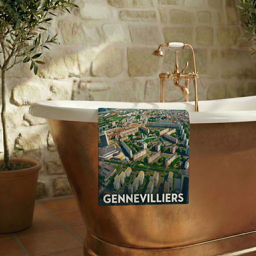 Serviette de bain souvenir de la ville de Gennevilliers avec une illustration aérienne stylisée.