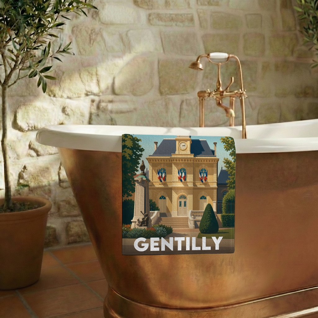 Serviette de bain souvenir de la ville de Gentilly avec une illustration stylisée.