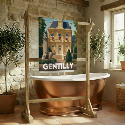 Serviette de bain souvenir de la ville de Gentilly avec une illustration stylisée.