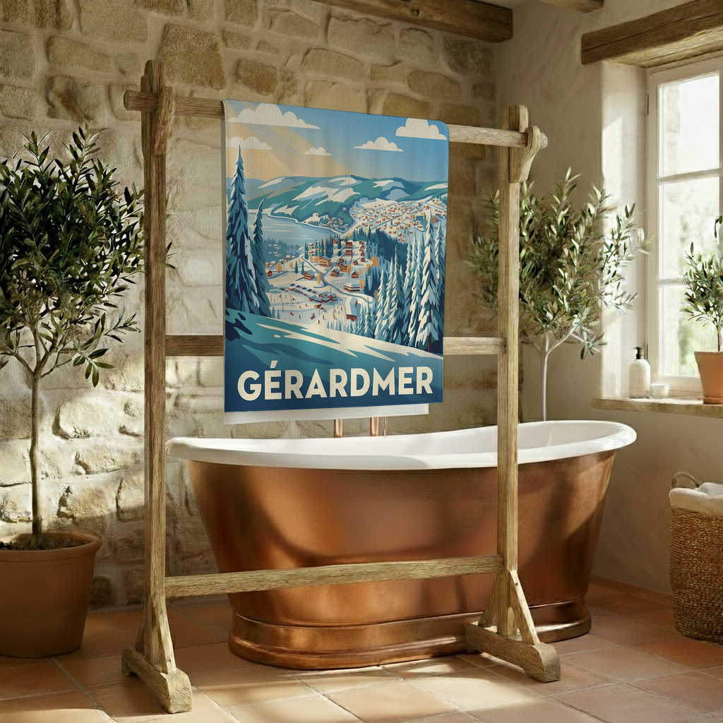 Serviette de bain souvenir de la ville de Gérardmer avec une illustration stylisée de paysage de montagne.