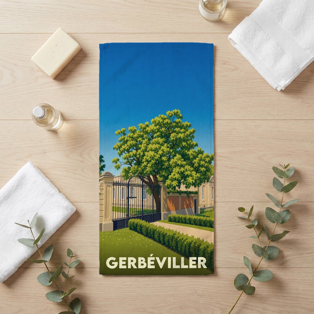 Serviette de bain souvenir de la ville de Gerbéviller avec une illustration stylisée.