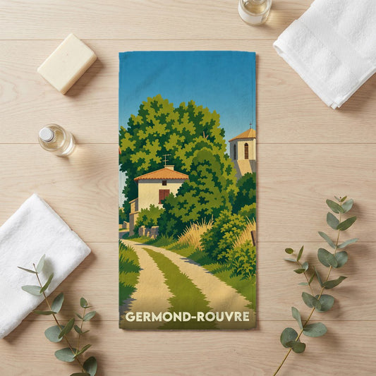 Serviette de bain souvenir de la ville de Germond-Rouvre avec une illustration de paysage champêtre.