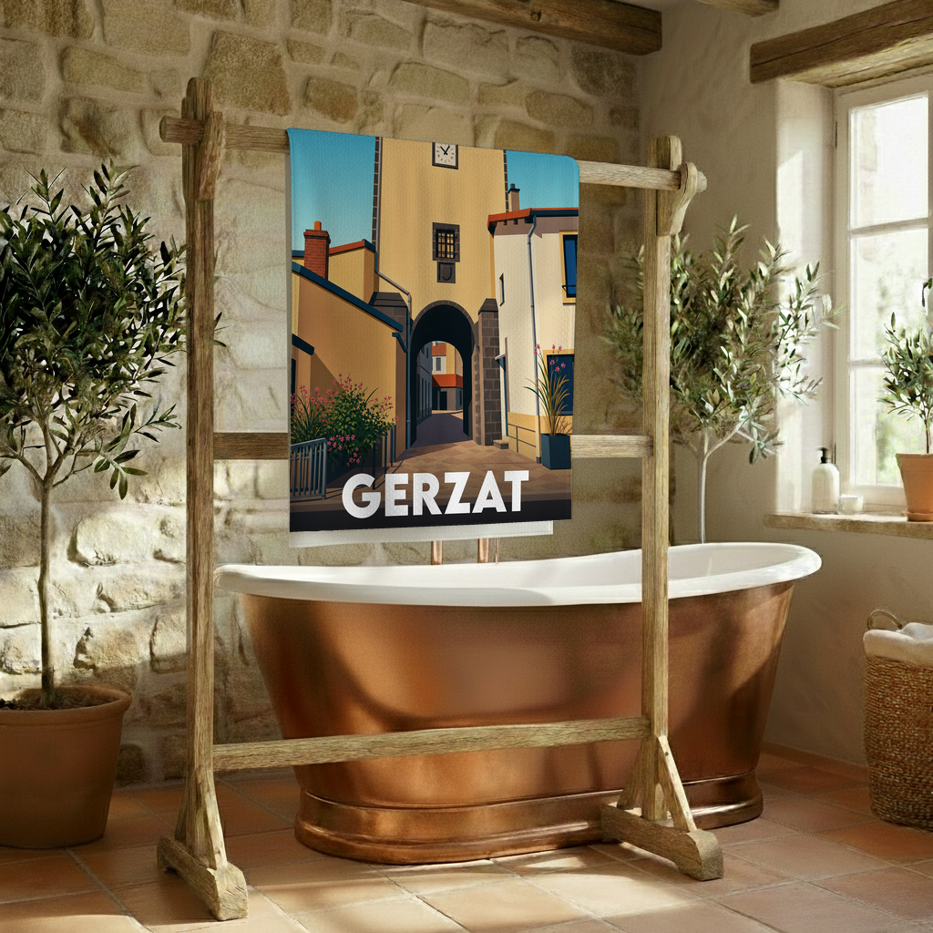 Serviette de bain souvenir de la ville de Gerzat avec une illustration stylisée.