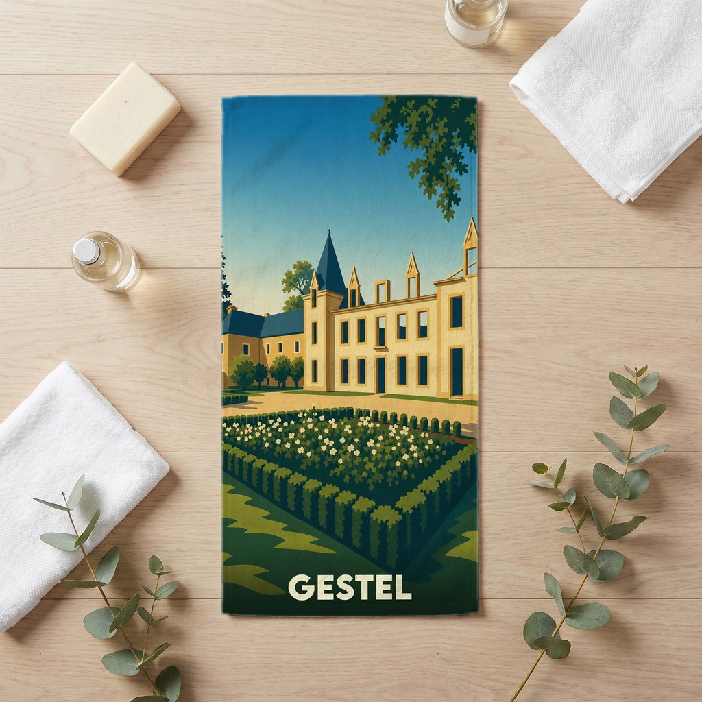 Serviette de bain souvenir de la ville de Gestel illustrée d'un château et de ses jardins.