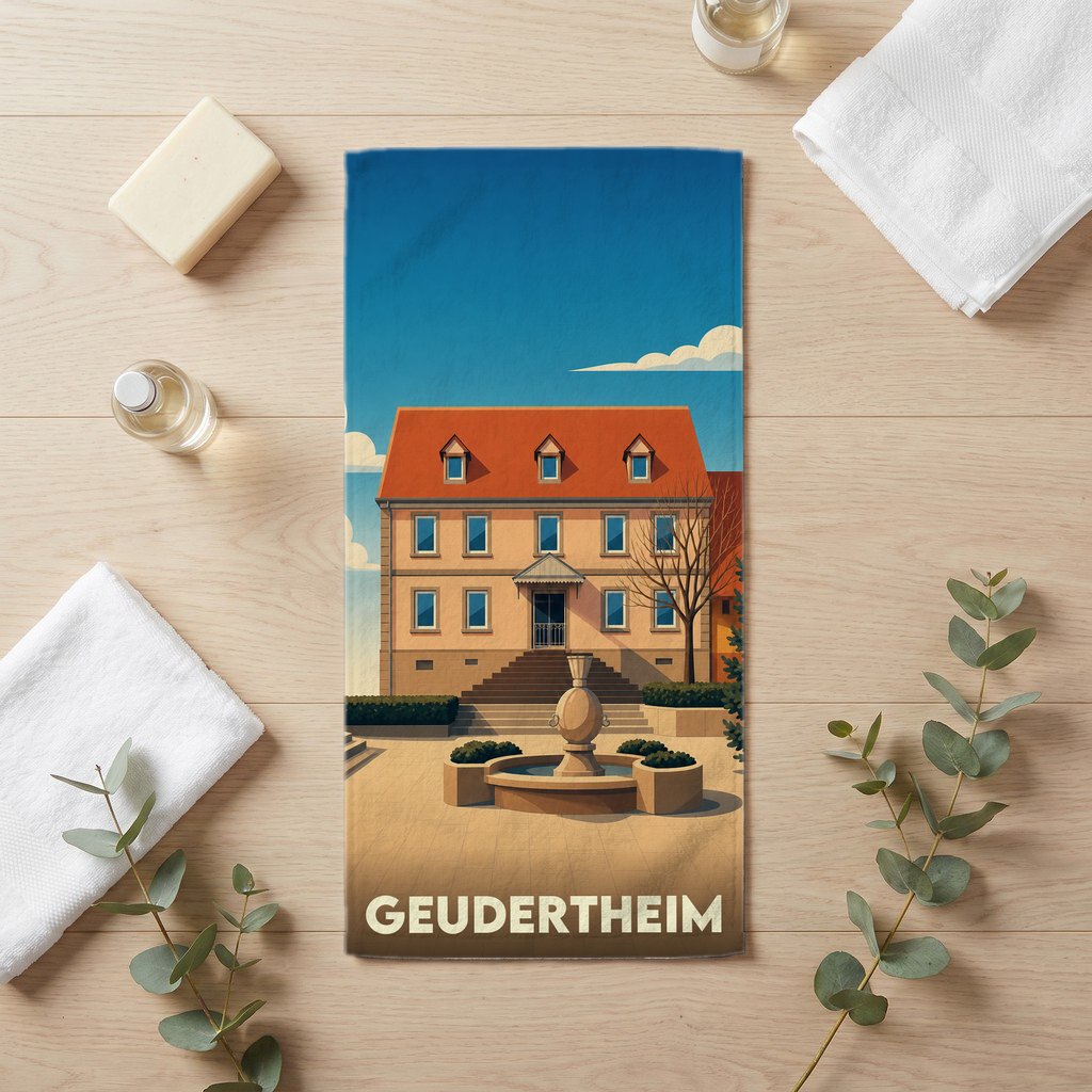 Serviette de bain souvenir de la ville de Geudertheim avec une illustration stylisée.