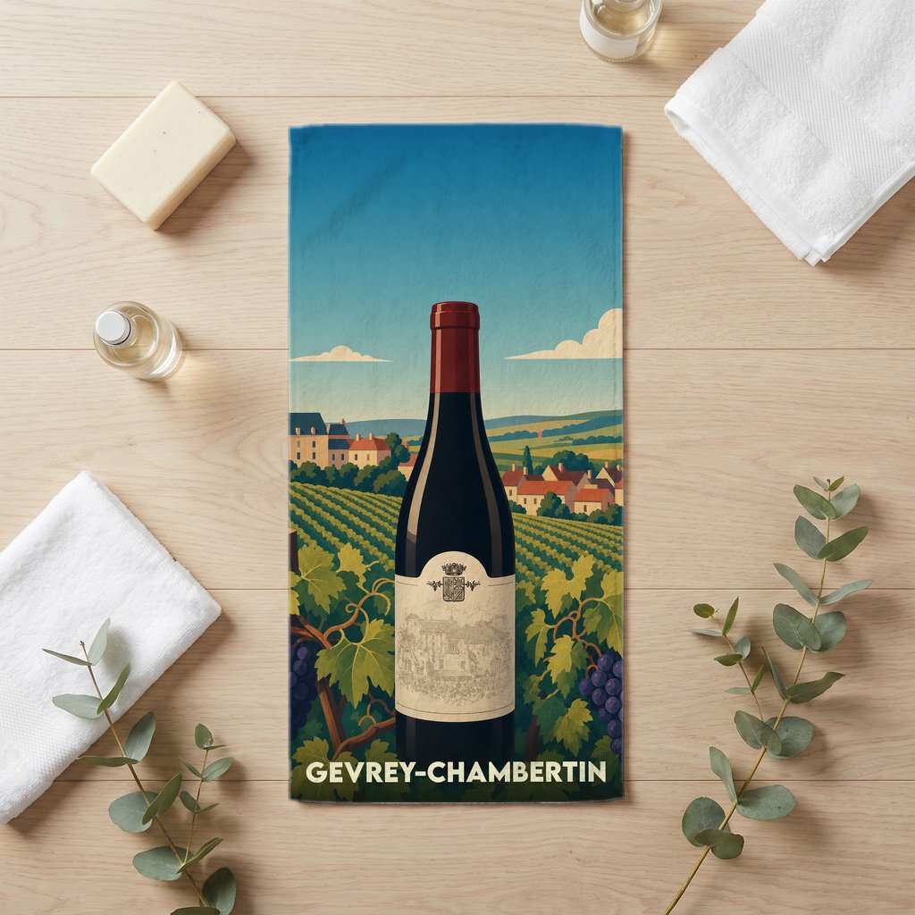 Serviette de bain souvenir de la ville de Gevrey-Chambertin illustrée d'une bouteille de vin devant un vignoble.