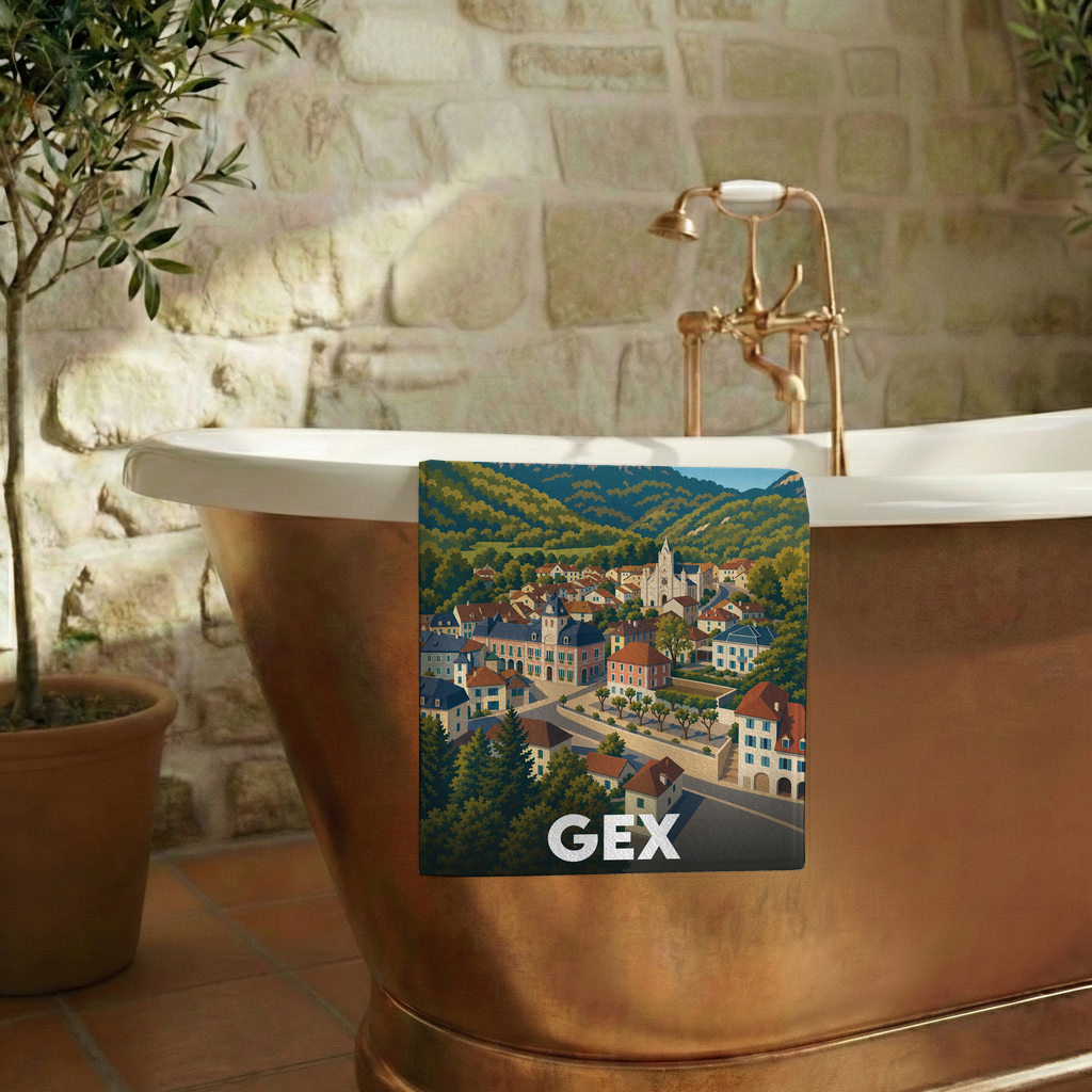 Serviette de bain souvenir de la ville de Gex avec une illustration stylisée de son paysage urbain.