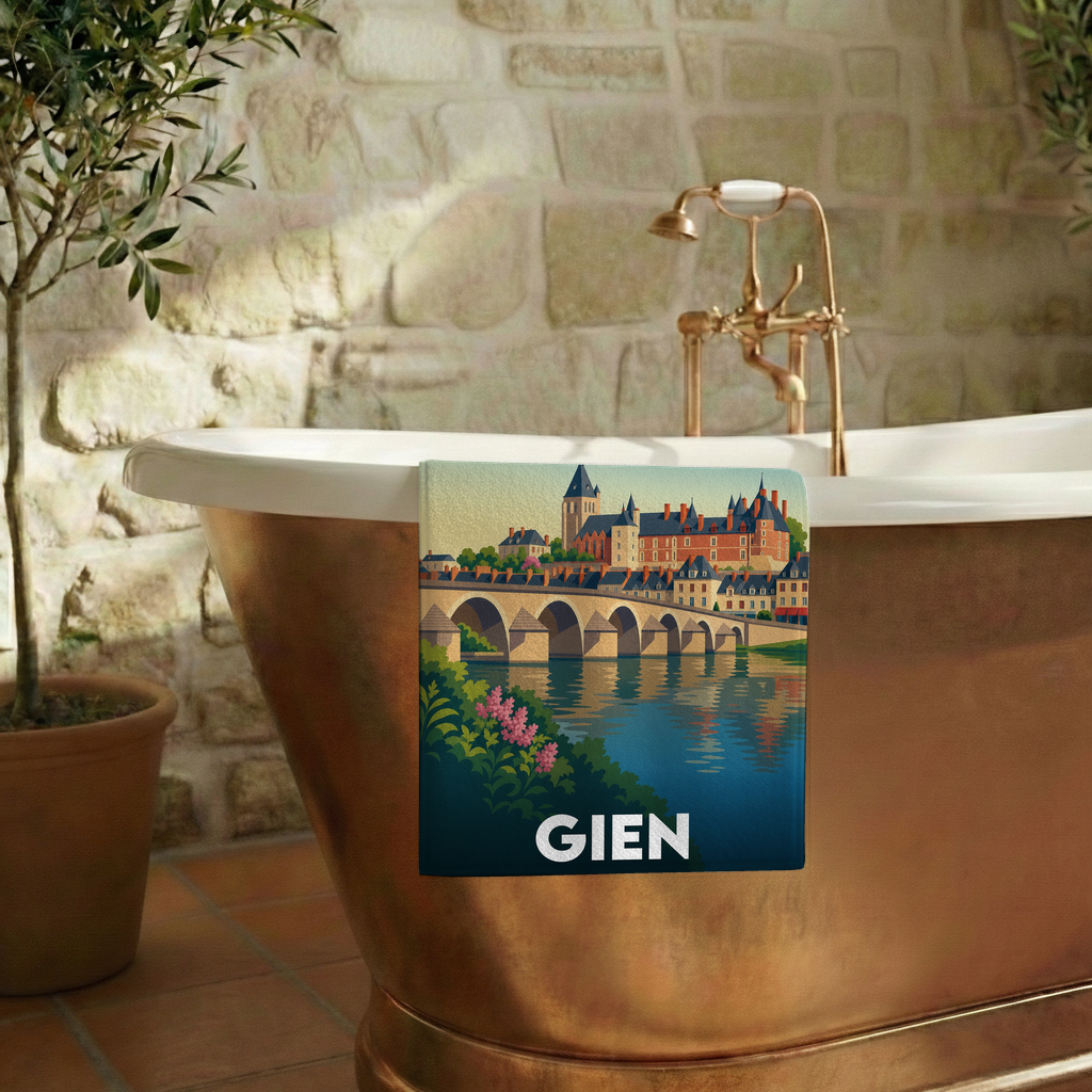 Serviette de bain souvenir de la ville de Gien avec une illustration stylisée.