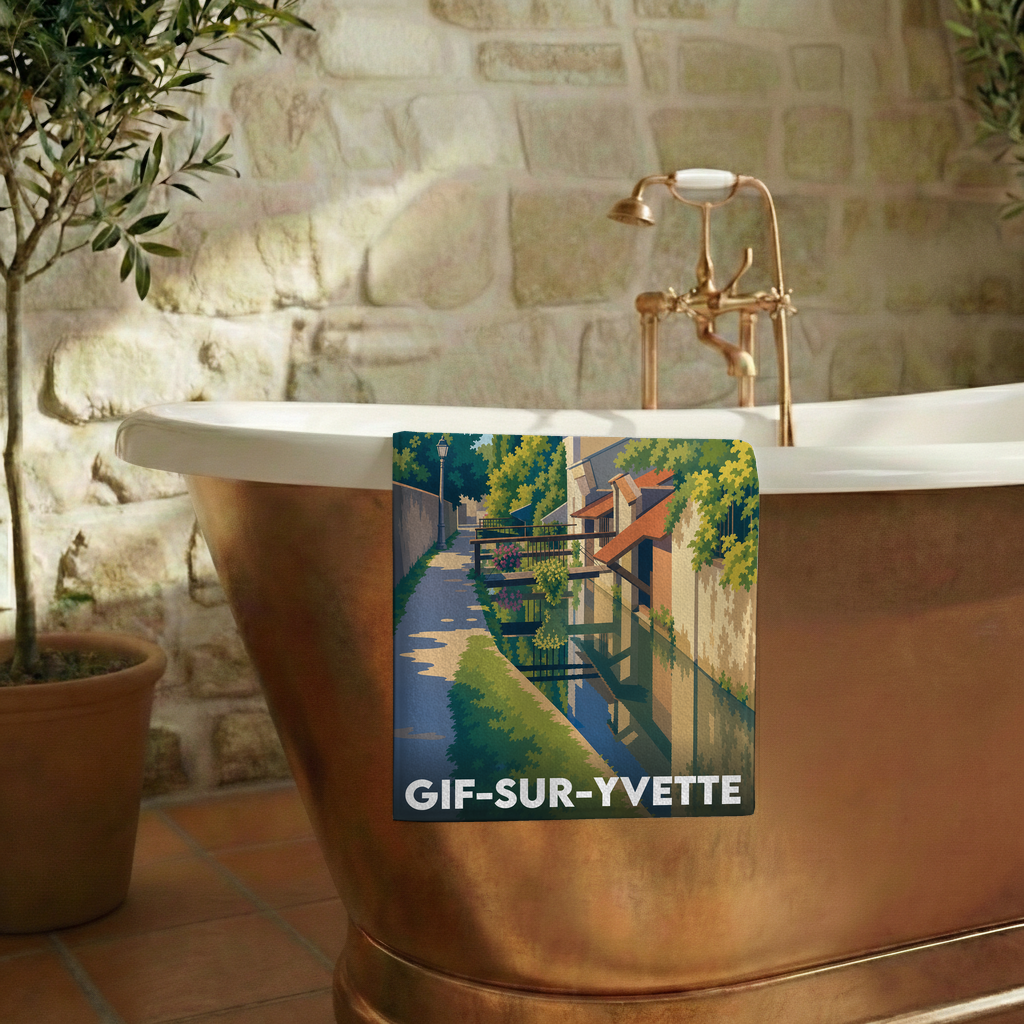 Serviette de bain souvenir de la ville de Gif-sur-Yvette avec une illustration stylisée.