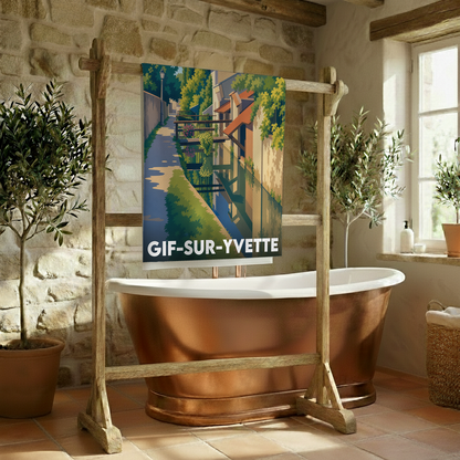 Serviette de bain souvenir de la ville de Gif-sur-Yvette avec une illustration stylisée.