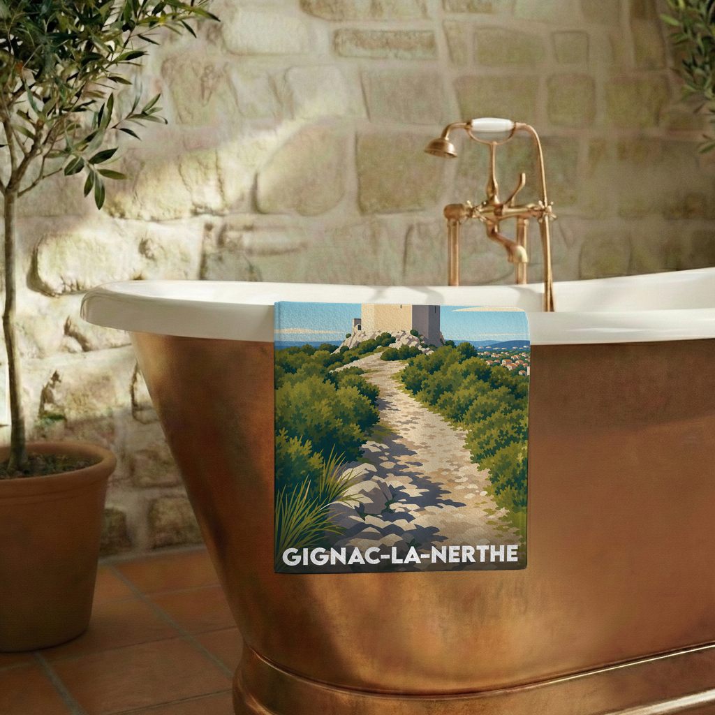 Serviette de bain souvenir de la ville de Gignac-la-Nerthe avec une illustration stylisée.