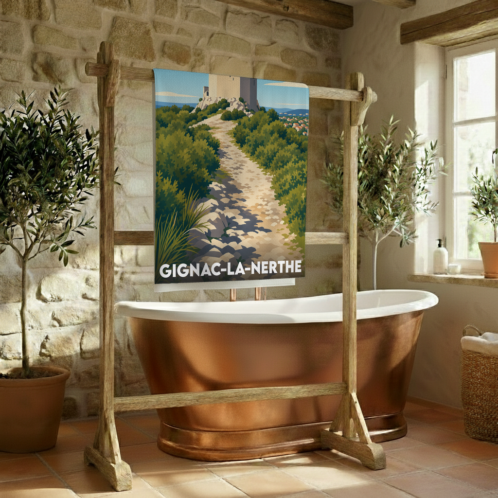Serviette de bain souvenir de la ville de Gignac-la-Nerthe avec une illustration stylisée.