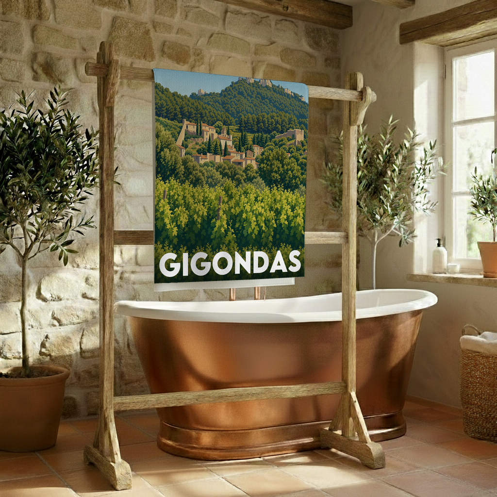 Serviette de bain souvenir de la ville de Gigondas avec une illustration stylisée.