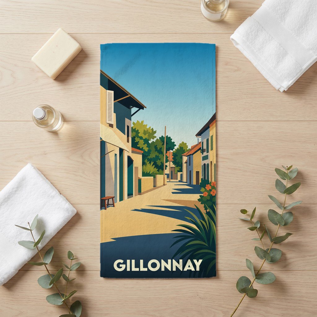 Serviette de bain souvenir de la ville de Gillonnay avec une illustration stylisée d'une rue ensoleillée.