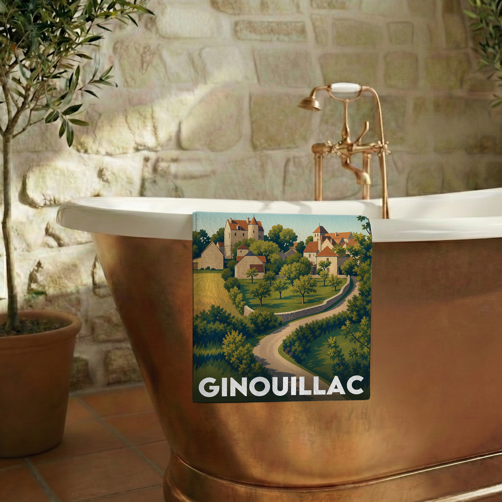 Serviette de bain souvenir de la ville de Ginouillac avec une illustration de village stylisée.