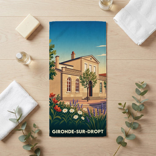 Serviette de bain souvenir de la ville de Gironde-sur-Dropt avec une illustration stylisée.