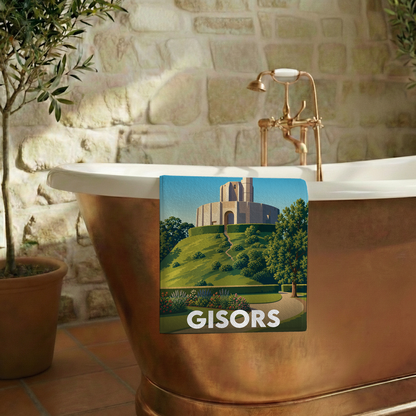 Serviette de bain souvenir de la ville de Gisors avec une illustration stylisée de son château.