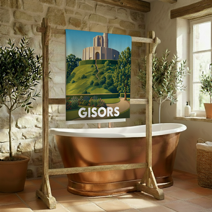 Serviette de bain souvenir de la ville de Gisors avec une illustration stylisée.
