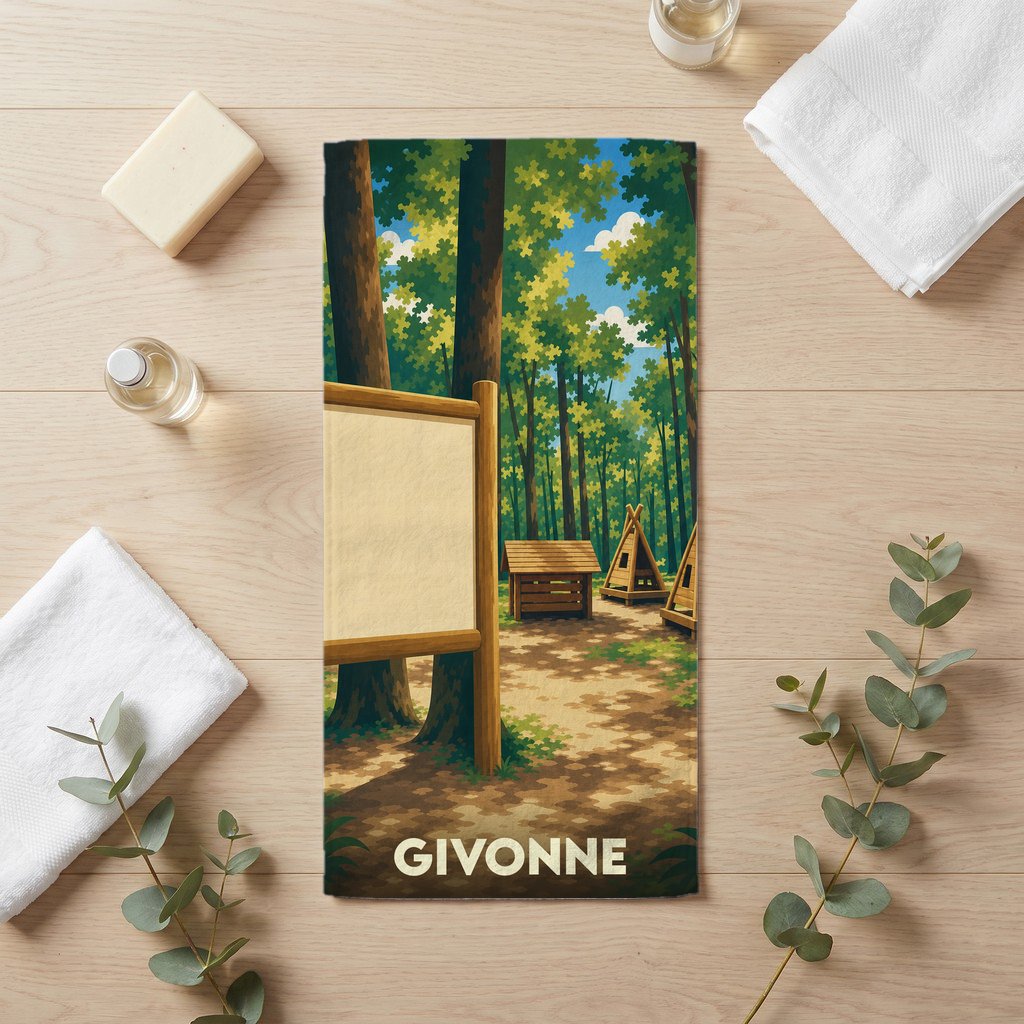 Serviette de bain souvenir de la ville de Givonne avec une illustration stylisée de forêt et de cabanes.