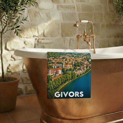 Serviette de bain souvenir de la ville de Givors avec une illustration stylisée.