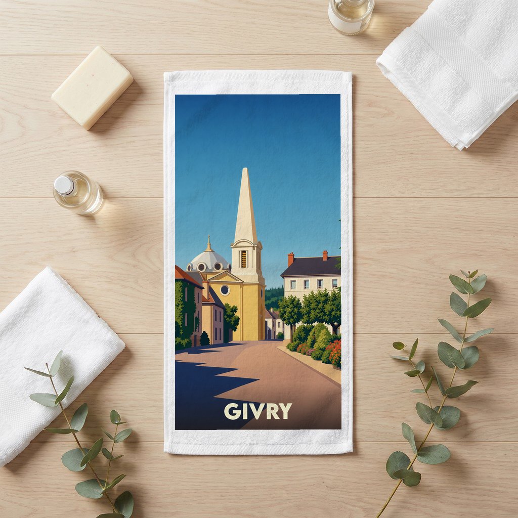 Serviette de bain souvenir de la ville de Givry avec une illustration stylisée.