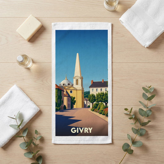 Serviette de bain souvenir de la ville de Givry avec une illustration stylisée.